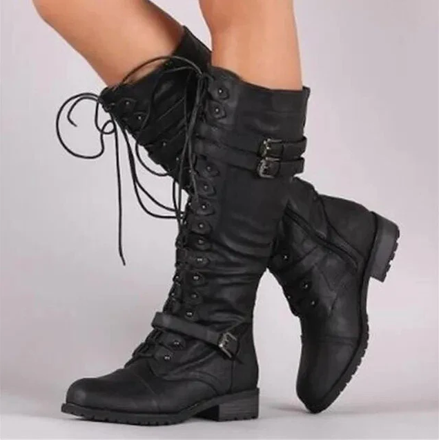 Black Lace-Up Combat Boots Women with Buckle Accents, Mid-Calf Height, Textured Sole 1