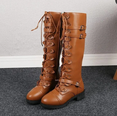 Black Lace-Up Combat Boots Women with Buckle Accents, Mid-Calf Height, Textured Sole 2