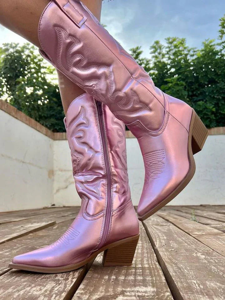 Glossy Pink Cowboy Boots for Women with Embroidery and Side Zipper, Western Style 0