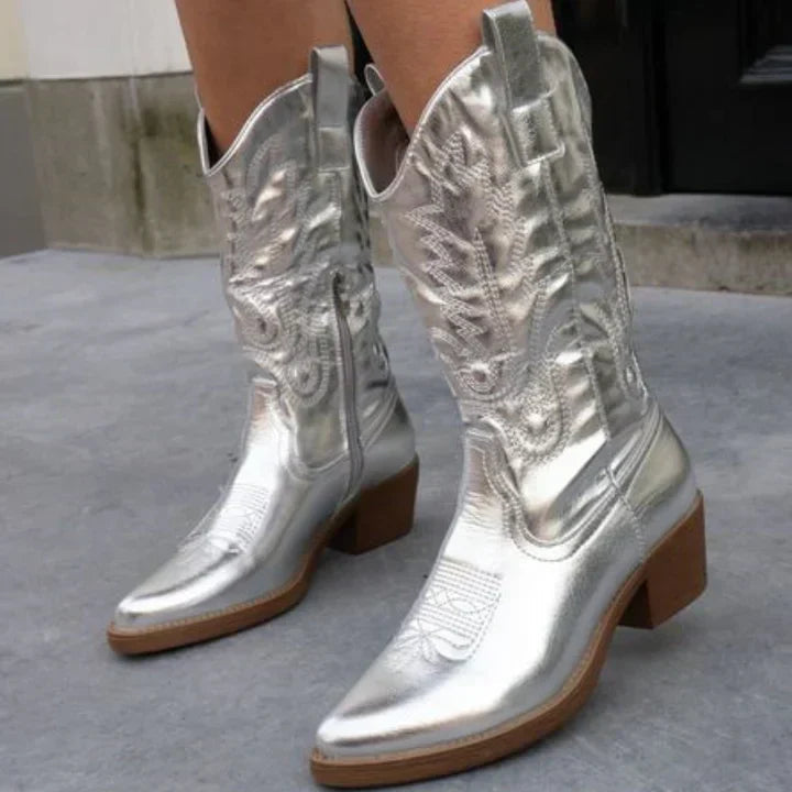 Glossy Pink Cowboy Boots for Women with Embroidery and Side Zipper, Western Style 9