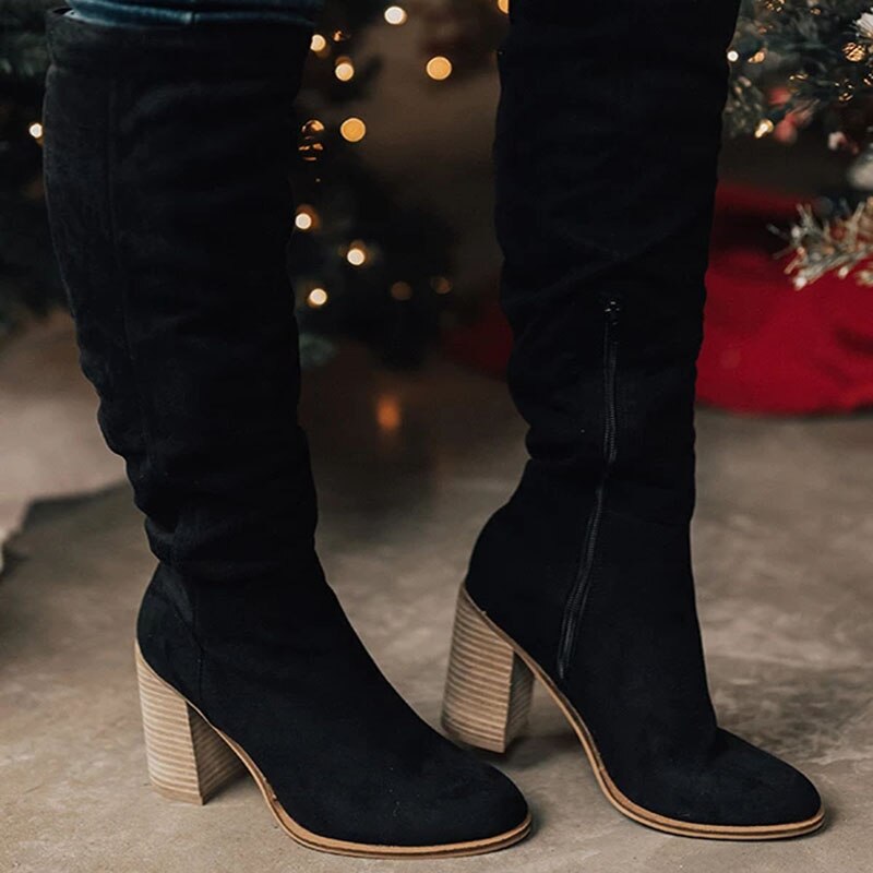Sophia | Brown Knee High Slouch Boots Suede Block Heel 0