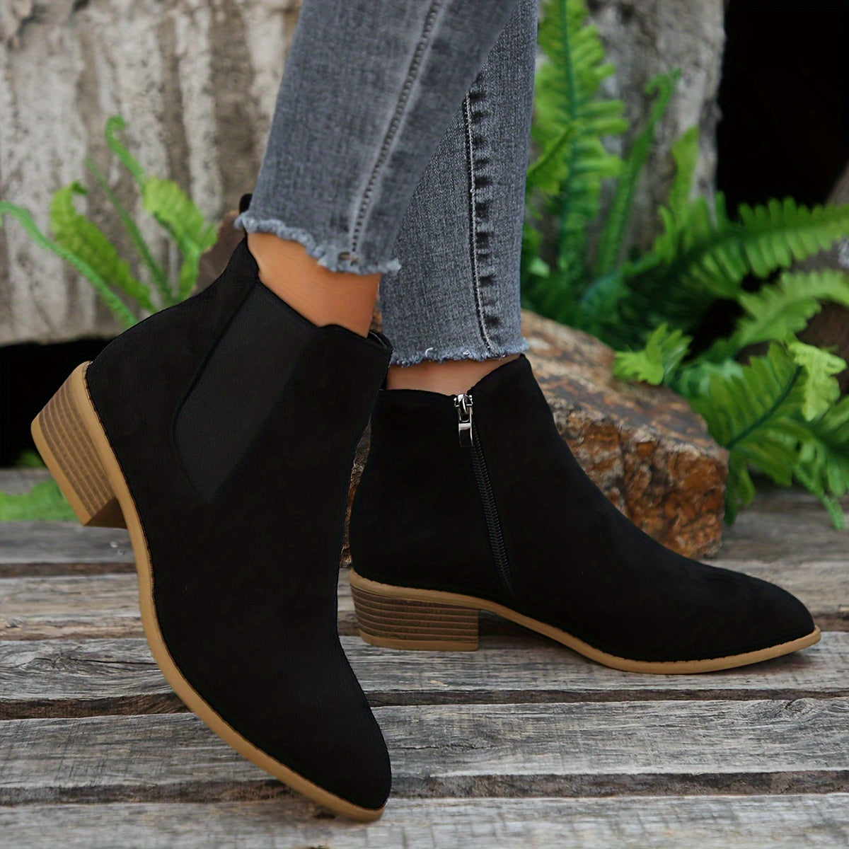 Women’s Black Suede Chelsea Ankle Boots with Elastic Side Panels and Zipper 1