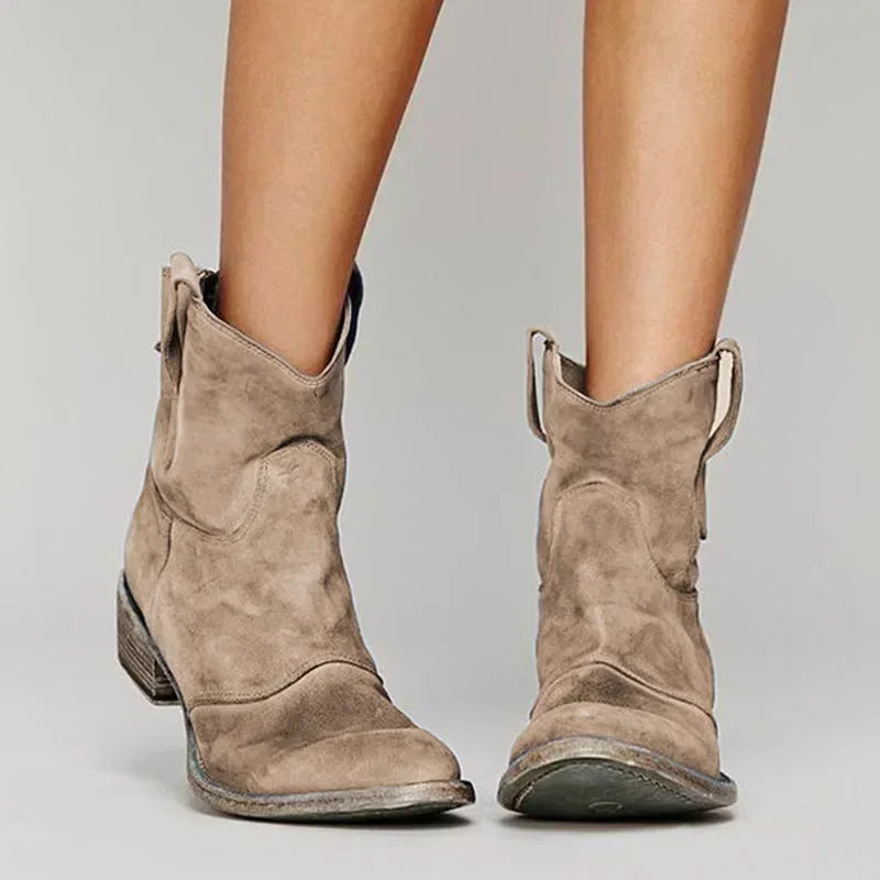 Women's Gray Distressed Western Cowboy Boots - Slip-On Design, Low Block Heel, Casual Everyday Wear 0