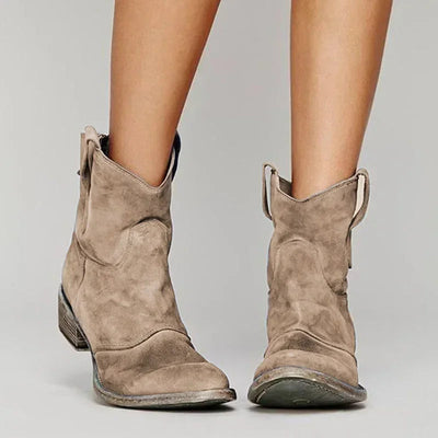 Women's Gray Distressed Western Cowboy Boots - Slip-On Design, Low Block Heel, Casual Everyday Wear 0
