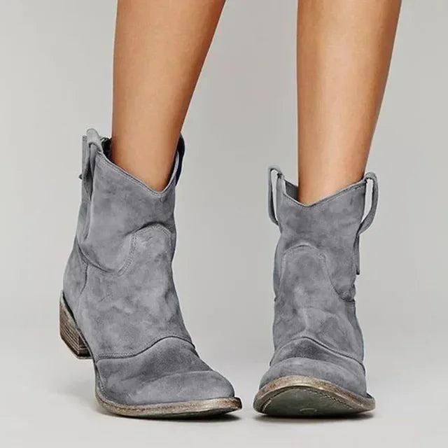 Women's Gray Distressed Western Cowboy Boots - Slip-On Design, Low Block Heel, Casual Everyday Wear 4