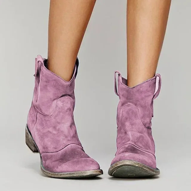 Women's Gray Distressed Western Cowboy Boots - Slip-On Design, Low Block Heel, Casual Everyday Wear 5