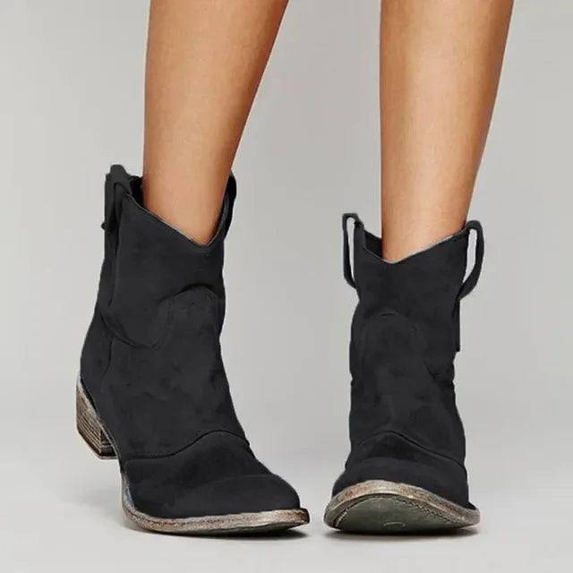 Women's Gray Distressed Western Cowboy Boots - Slip-On Design, Low Block Heel, Casual Everyday Wear 6