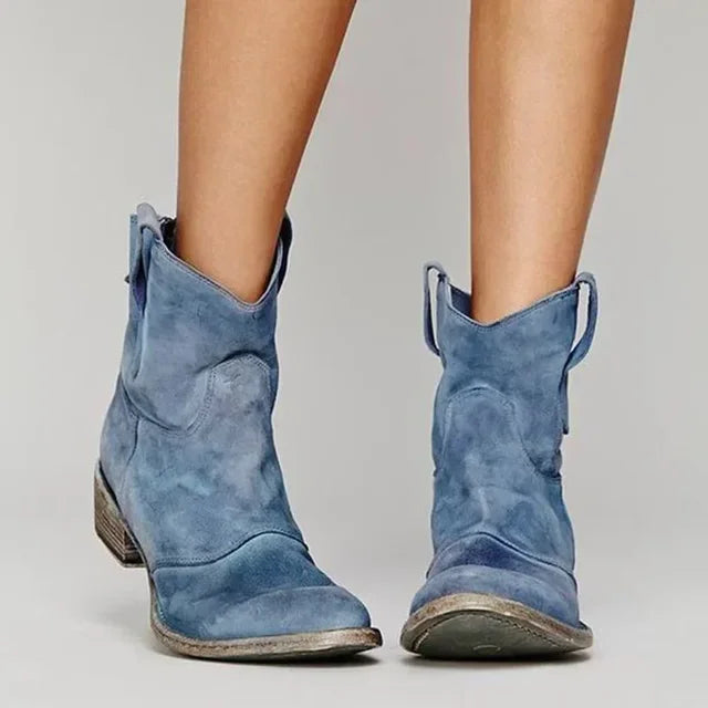Women's Gray Distressed Western Cowboy Boots - Slip-On Design, Low Block Heel, Casual Everyday Wear 7