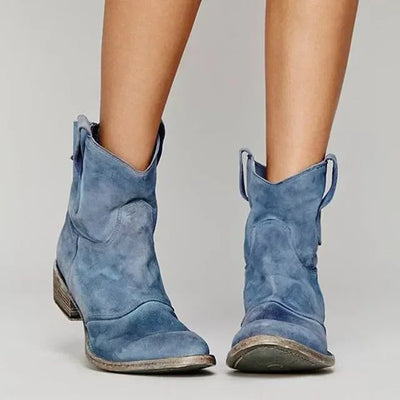 Women's Gray Distressed Western Cowboy Boots - Slip-On Design, Low Block Heel, Casual Everyday Wear 7