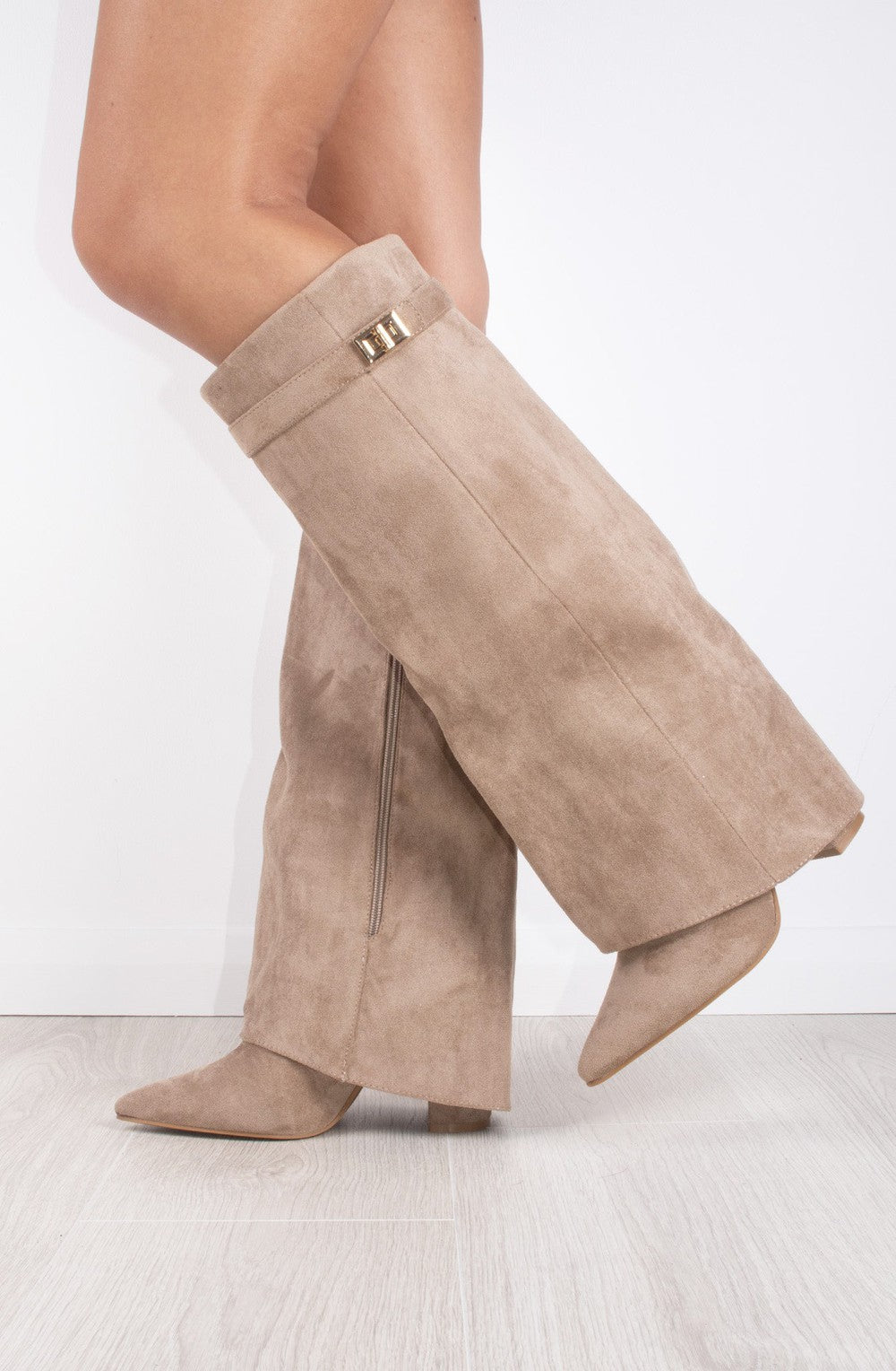 Women’s Suede Knee High Boots with Gold Buckle and Side Zipper, Comfortable Block Heel 1