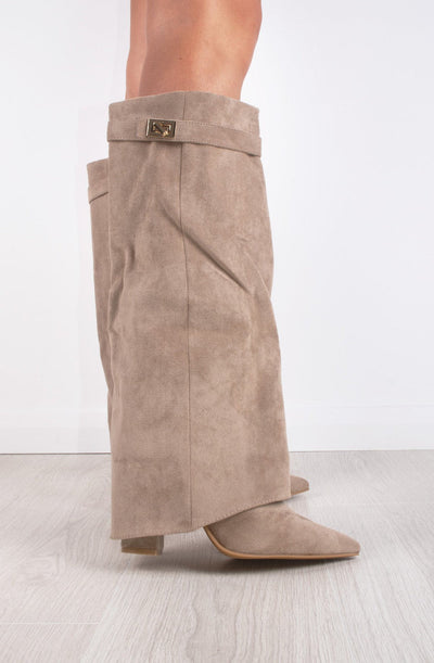 Women’s Suede Knee High Boots with Gold Buckle and Side Zipper, Comfortable Block Heel 5